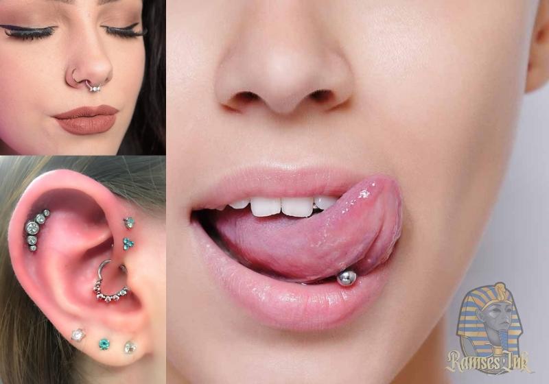 Kulak ve yüz bölgesinde farklı piercing çeşitlerini gösteren yakın plan